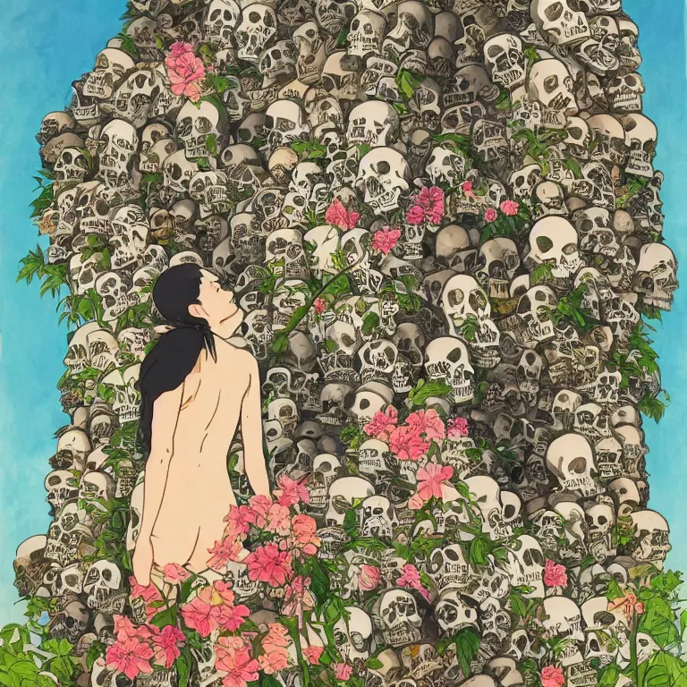 Prompt: young goddess peering from behind an enormous conical pile of skulls with flowers behind her, lush painting in the style of studio ghibli