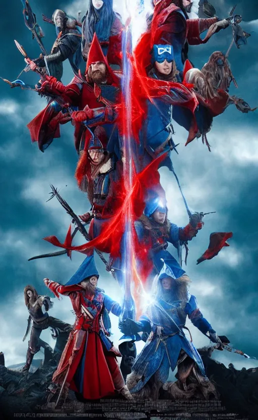 Image similar to a mind - blowing, epic movie poster, depicting a battle between red and blue fantasy style wizards, wearing wizard hats, magic, cinematic, dnd, high quality, marvel movie