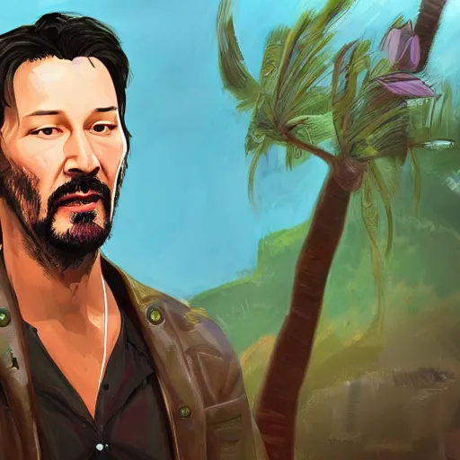 Image similar to keanu reevez in the art style of disco elysium