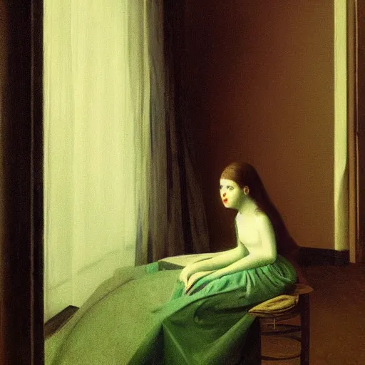 Prompt: a beautiful young girl in an abandoned hotel room, daguerreotype by edward hopper, by henri rousseau, by Bosch, art noveau, highly detailed, strong lights, liminal, eerie, Bright pastel colors, octane render, 8k,