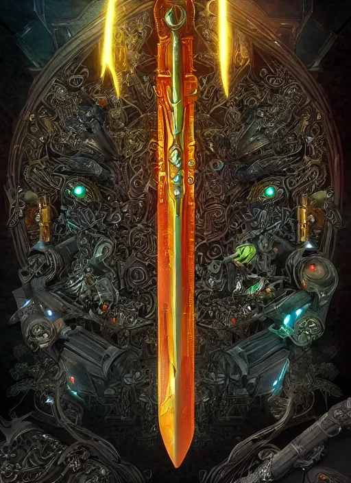 Prompt: legendary glowing sword of cybernetic technology on a table, digital award winning artwork, intimate, intricate, long sharp black and iridescent blade, ornate gothic baroque spikes coming out, colorful hilt, vivid detailed realistic, ray tracing, colored gems, golden pommel, artstation, deviantart