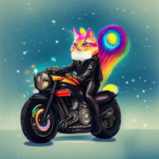 Image similar to wide angle full body, jacket wearing fluffy cute rainbow kitten wearing a black leather motorcycle jacket, riding on a motorcycle, cinematic concept art