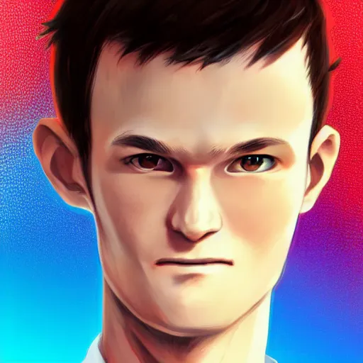 Image similar to An anime portrait of Vitalik Buterin, by Stanley Artgerm Lau, WLOP, Rossdraws, James Jean, Andrei Riabovitchev, Marc Simonetti, and Sakimichan, tranding on artstation