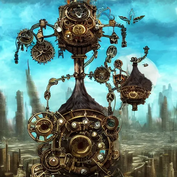 Image similar to flying city in a mechanical flower, sky!, fantasy art, steampunk, masterpiece, behrens style