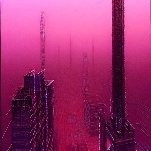 Prompt: perfect Cyberpunk city engulfed in a purple mist. Tsutomu Nihei, Zdzisław Beksiński, Art station.