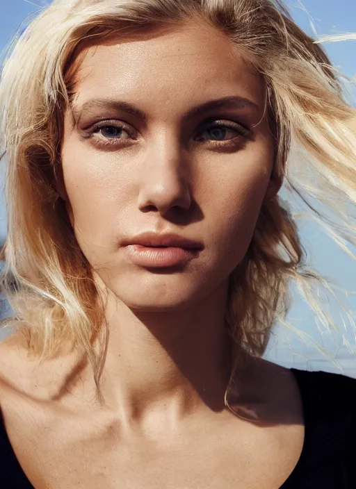 Image similar to photograph of an olive skinned blonde female model in her late twenties, her hair pinned up, wearing a designer top, looking content, focused on her neck, facing the camera, photo realistic, extreme detail skin, natural beauty, no filter, slr, golden hour, 4 k, high definition, selfie