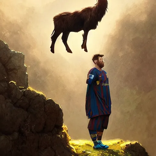 Image similar to Lionel Messi standing beside a majestic goat, D&D, fantasy, intricate, elegant, highly detailed, digital painting, artstation, concept art, matte, sharp focus, illustration, art by Artgerm and Greg Rutkowski and Alphonse Mucha