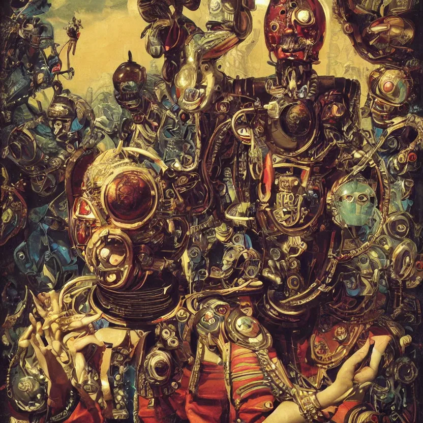 Image similar to a baroque portrait painting of a retrofuturistic robot wearing an intense tribal mask surrounded by fantasy fairies. pulp sci - fi art for omni magazine. high contrast. dark background. baroque period, oil on canvas. renaissance masterpiece. muted colors, soft gradients. trending on artstation. retrofuturism.