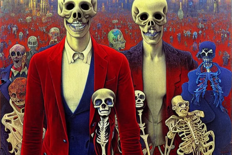 Image similar to realistic detailed portrait painting of a single skeleton wearing red velvet blazer in a crowded futuristic moscow street by Jean Delville, Amano, Yves Tanguy, Alphonse Mucha, Ernst Haeckel, Edward Robert Hughes, Roger Dean, rich moody colours, blue eyes