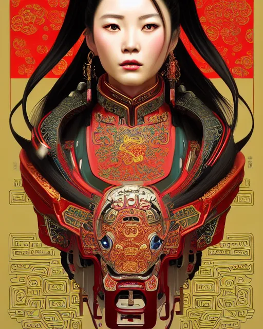 Image similar to portrait of a chinese cyberpunk machine, machine face, upper half portrait, decorated with chinese opera motifs, regal, asian, fine china, wuxia, traditional chinese art intricate intense elegant 京 剧 highly detailed digital painting artstation concept art smooth sharp focus illustration, art by artgerm and greg rutkowski alphonse mucha 8 k