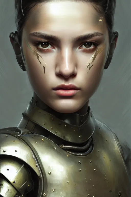 Image similar to a photorealistic painting of an attractive young girl, partially clothed in metal-plated battle armor, olive skin, long dark hair, beautiful bone structure, symmetrical face, perfect eyes, intricate, elegant, digital painting, concept art, illustration, sharp focus, minimal artifacts, from Metal Gear, in the style of Ruan Jia and Mandy Jurgens and Greg Rutkowski, trending on Artstation, award winning