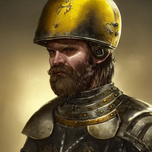 Prompt: Closeup of frustrated male medieval sergeant with a {short} beard wearing a black!!!! and yellow tabard over a steel breastplate and a black gambeson looking up from a map on a table, intricate, dramatic lighting illustration by Greg Rutkowski, ArtStation, digital art, fantasy