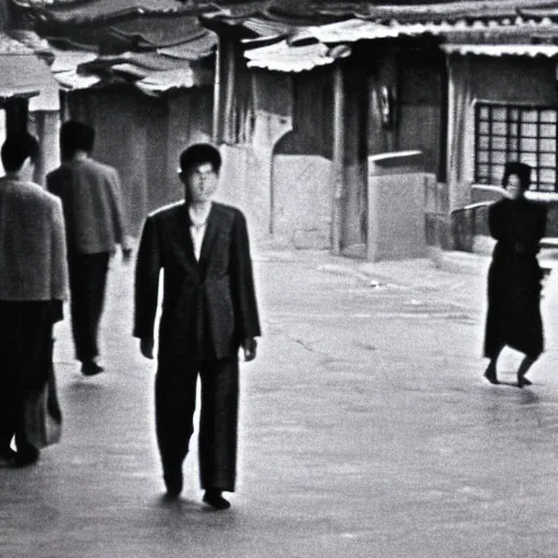 Image similar to 1950s Korean thriller film noir, a view of Shin Sang-ok in the middle of an empty scene, 35mm film, Cooke Varotal 20-100 T3.1