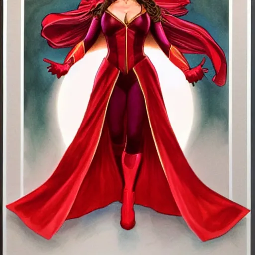 Image similar to Brooke Shields as Scarlet Witch by the artist Jenny Frison.