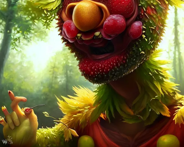 Prompt: a fruit monster made of different fruit, 3 7 9, walking around in forest, detailed mouth, detailed eyes, forest background, trees and flowers, trees in foreground, rays of golden sunlight, oil painting, highly detailed, dramatic lighting, hyperrealistic, smooth, artstation, cgsociety, by artgerm, by wlop