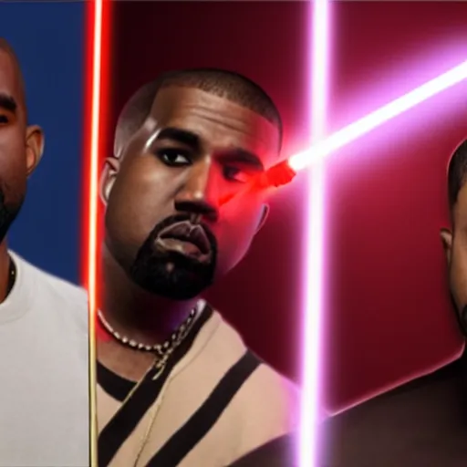 Image similar to kanye west vs drake lightsaber duel, cinematic, realistic