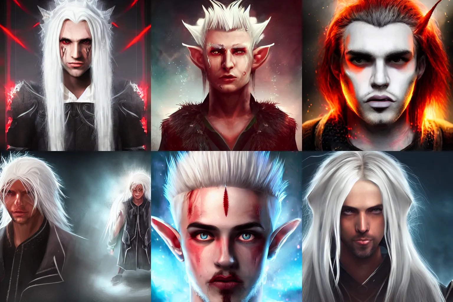 Prompt: a necromancer real life character, symmetrical male face game portrait, long white hair, spiky elf ears, ultra HD, ambient light background with particles, rim light on character, toned colours, red clothes, light skin, Super detailed