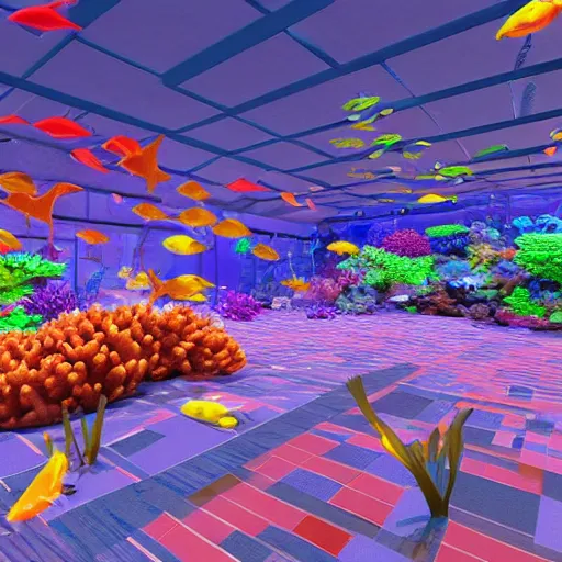 Image similar to photo of the big modern room as aquarium with a beautiful fishes and corals, realistic colors, realistic shadows, daylight made in blender, 3 d