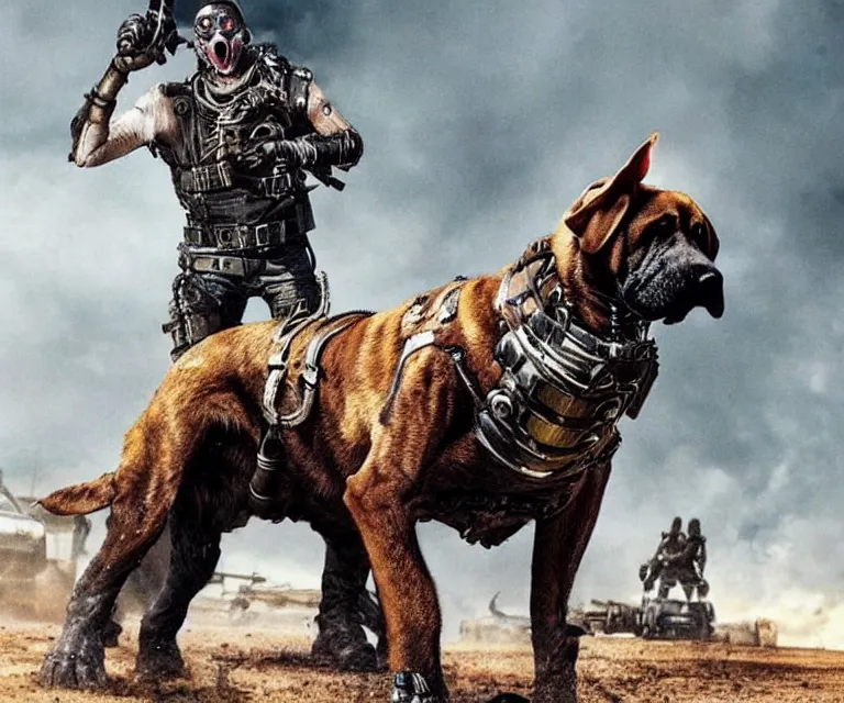 Image similar to a good ol'bloodhound dog fursona ( from the furry fandom ), heavily armed and armored facing down armageddon in a dark and gritty version from the makers of mad max : fury road. witness me.