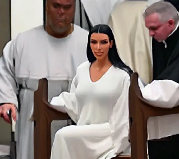 Image similar to a movie still of kim kardashian handcuffed with a chain around her neck, bonded to a steel chair on the alter of a church. priest yelling shame at her