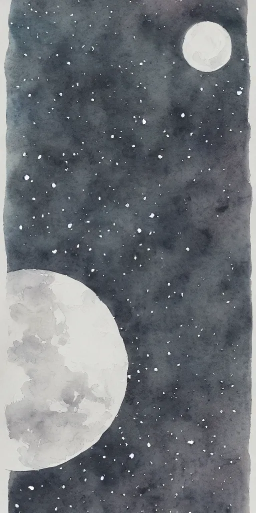 Prompt: traditional oriental water colour of space, liminal, lonely, highly detailed, black ink, moon hovers above