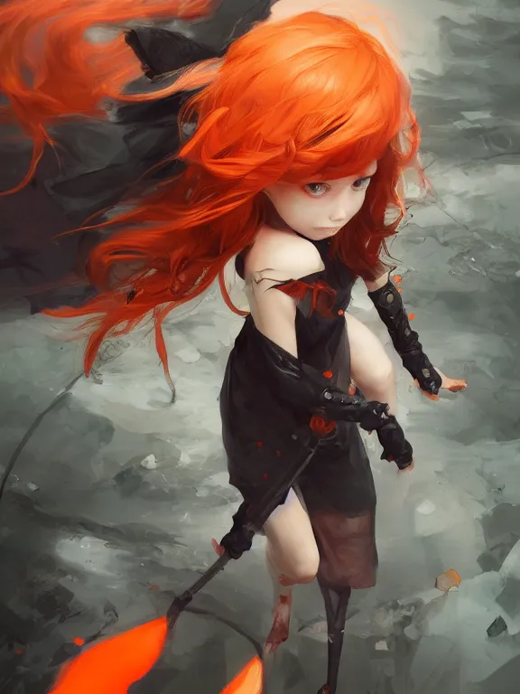 Image similar to Full shot of a cute mischievous young witch about to get up to some trouble. Black and Orange palette. By Ruan Jia and Artgerm and Range Murata and WLOP and CLAMP. Key Art. Fantasy Illustration. award winning, Artstation, intricate details, realistic, Hyperdetailed, 8k resolution.