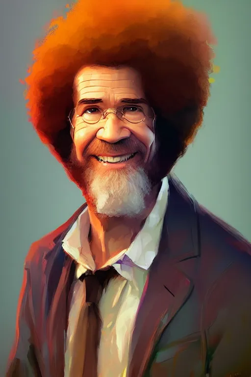 Image similar to portrait of Bob Ross, modern, colourful!! highly detailed, digital painting, artstation, concept art, sharp focus, illustration, by greg rutkowski