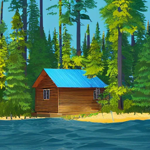 Image similar to lake of clear blue waters woodlot beside a cabin, felix Kelly, digital art, artstation