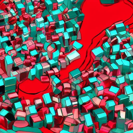 Prompt: red emeralds, super wide field in the style of chris ware, dramatic, hyperrealistic, 8 k, realistic, 3 d, rendering