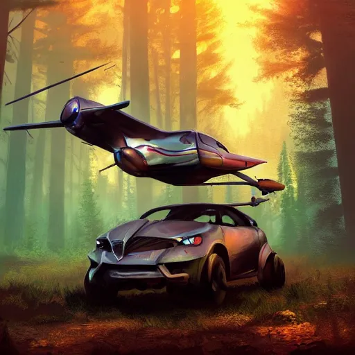 Image similar to flying car in futuristic spiritual mystical post apocalyptic forest by ron gilbert, dim painterly volumetric aquatic sunset lighting, beautiful, crisp, artstation, highly detailed