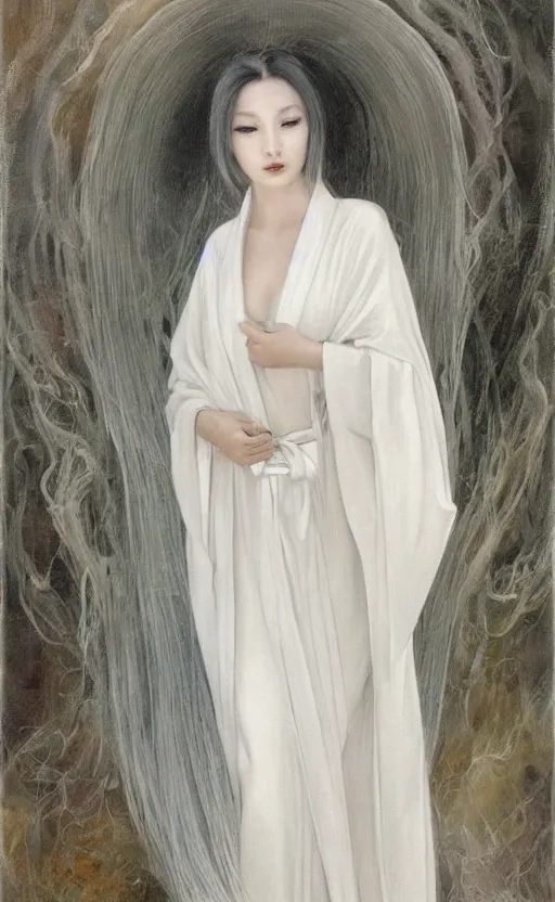 Prompt: angelic beauty with silver hair so pale and wan! and thin!?, flowing robes, covered in robes, lone pale asian white goddess, wearing robes of silver, flowing, pale skin, young cute face, covered!!, clothed!! lucien levy - dhurmer, jean deville, oil on canvas, 4 k resolution, aesthetic!, mystery