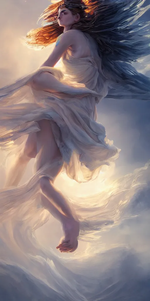 Prompt: goddess athena dancing in the wind, beautiful, ethereal, gorgeous, volumetric lighting, elegant, fluid, highly detailed, digital painting, concept art, highly detailed, smooth, illustration, limited color palette, atmosphere and tension, trending on artstation