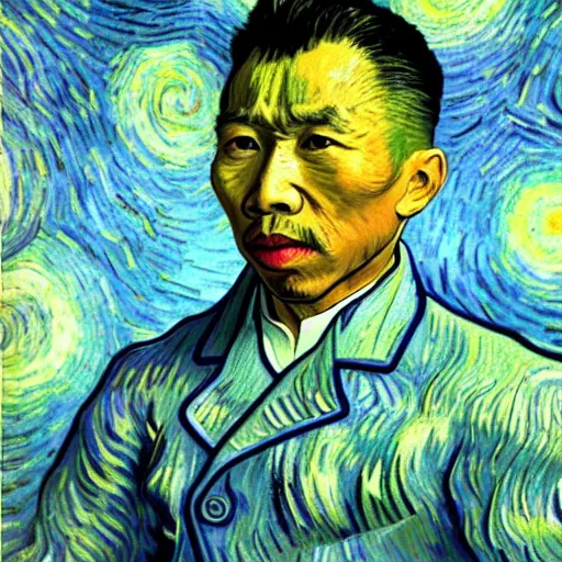 Image similar to pol pot in van gogh painting, 4 k, hyper realistic, dslr, high resolution, landscape, beautiful