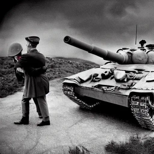 Prompt: world War 2 photography of Donald Trump hugging a tank, shot by Annie Leibovitz, award winning, 4k, 8k, black and white photography, cinematic lighting.