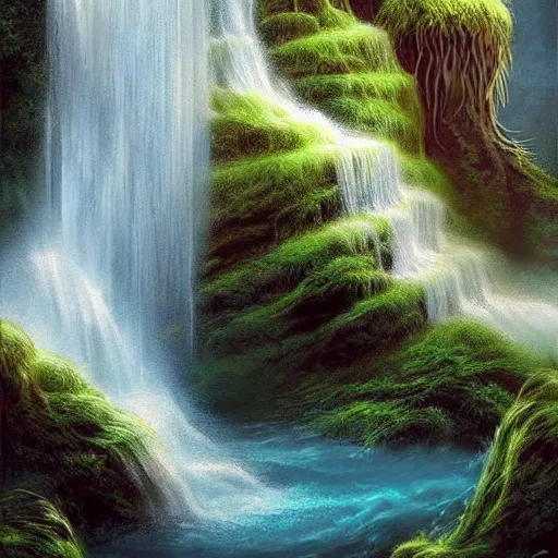 Image similar to a beautiful waterfall, elegant, soulful, liquid, masterpiece, Cinematic, fantasy, digital art,