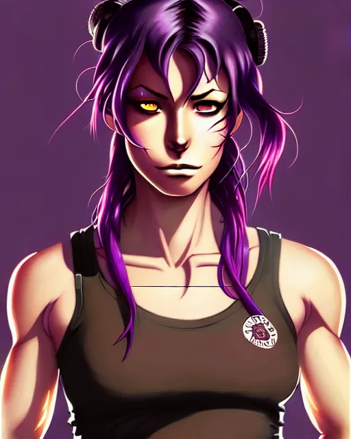 Image similar to a portrait of revy from black lagoon, black tank top, jean shorts, brown eyes, purple hair, tribal tattoos right arm sleeve, symmetrical eyes, symmetrical face, art by lois van baarle and loish and ross tran and rossdraws and sam yang and artgerm