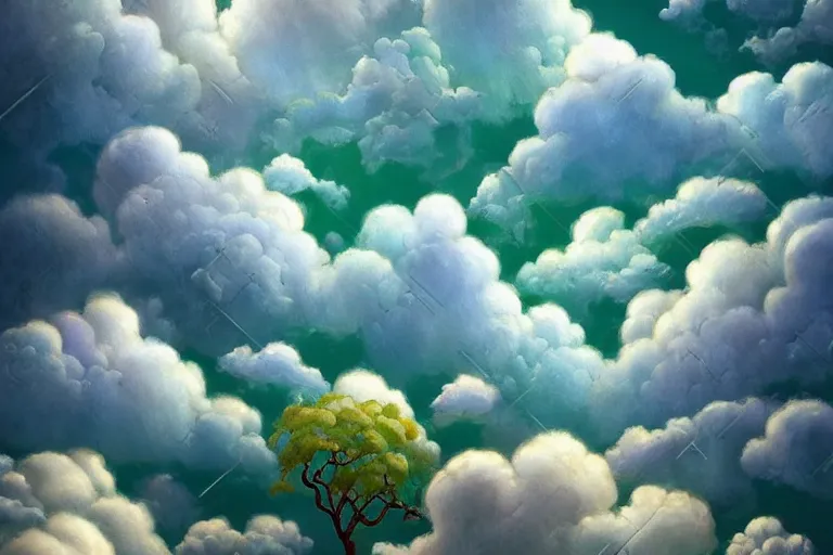 Image similar to a huge flock of many smooth puffy marvelous clouds. whirling ultra detailed gemstone crystals, art nouveau jungle environment, playful, award winning art, epic dreamlike fantasy landscape, ultra realistic,