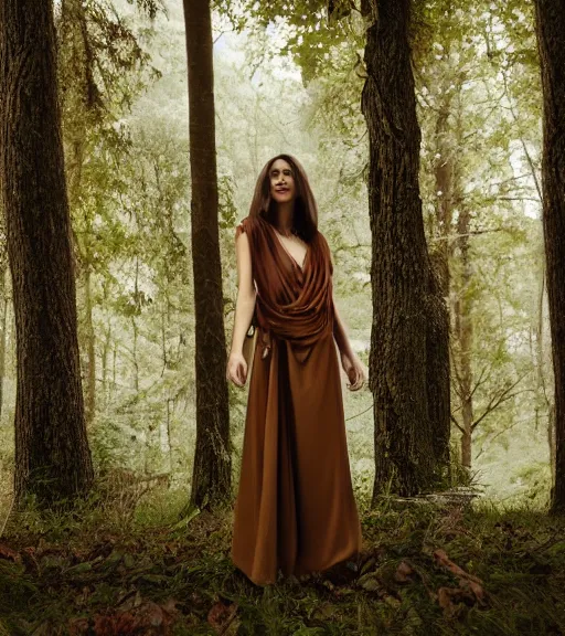 Prompt: portrait of gorgeous woman, tan draping outfit, in a forest, cinematic,4k, epic