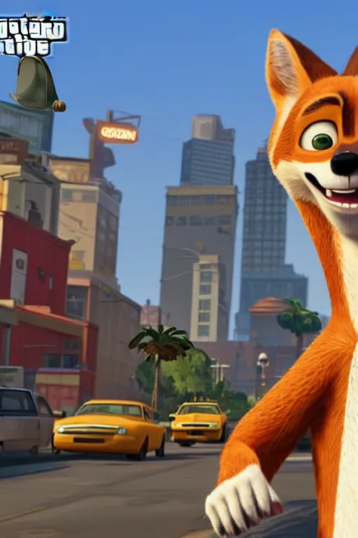 Image similar to Grand Theft Auto: San Andreas loading screen featuring Nick Wilde (from Zootopia)