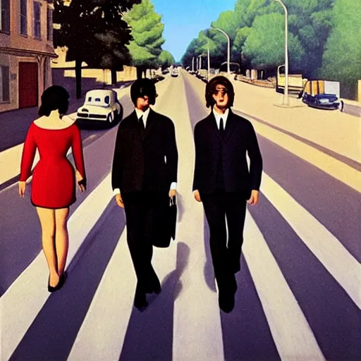 Image similar to beatles walk across the road by Raphael, Hopper, and Rene Magritte. detailed, romantic, enchanting, trending on artstation.