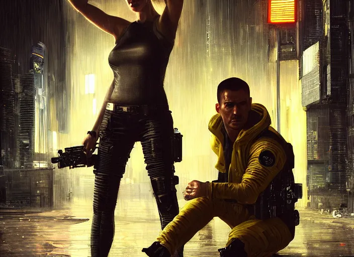 Image similar to Maria evades sgt Nash. Cyberpunk hacker wearing yellow escapes police troopers (blade runner 2049, cyberpunk 2077). beautiful face. Orientalist portrait by john william waterhouse and James Gurney and Theodore Ralli and Nasreddine Dinet, oil on canvas. Cinematic, hyper realism, realistic proportions, dramatic lighting, high detail 4k