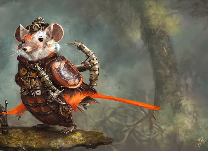 Image similar to ashigaru steampunk - inspired feathered mouse, colorful plumage, lacquered armor, cute but determined, hard focus, art station, by jessica rossier and brian froud, cinematic fantasy painting, orange grey white, in a woodland glade