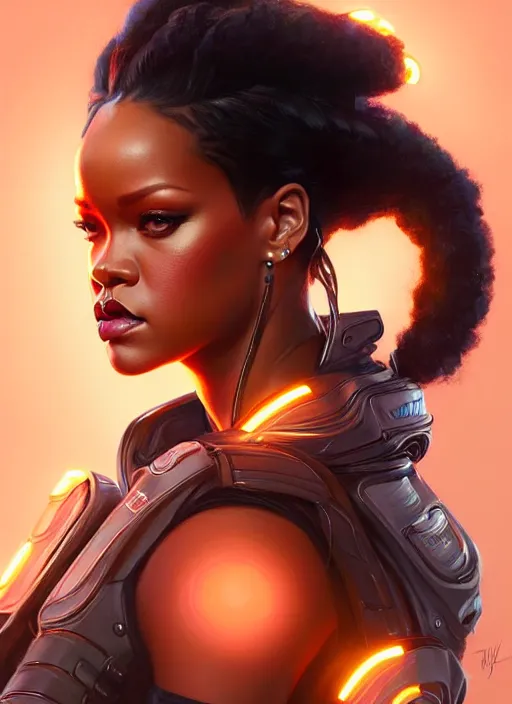 Image similar to portrait of apex legends rihanna, intricate, elegant, glowing lights, highly detailed, digital painting, artstation, glamor pose, concept art, smooth, sharp focus, illustration, art by artgerm and greg rutkowski, artey freytag