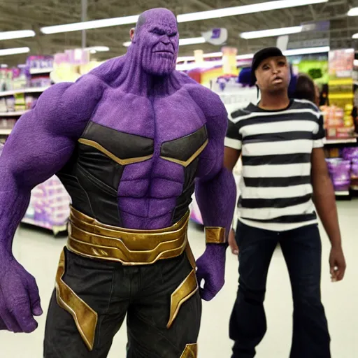 Prompt: thanos looking for his mom in walmart