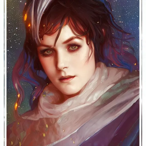 Image similar to a nonbinary changeling wearing a starry cloak, aurora colored hair, starry eyes, curious expression, character art, trending on artstation, 4k ultra hd, sharp focus, digital art by artgerm and greg rutkowski and alphonse mucha