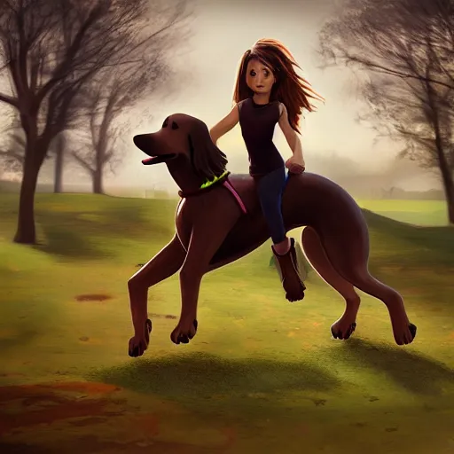 Image similar to girl riding a giant dog in the park, trending on artstation