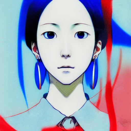 Image similar to blue and white color palette, yoshitaka amano blurred and dreamy realistic three quarter angle horror portrait of a sinister young woman with short hair, big earrings and red eyes wearing office suit with tie, junji ito abstract patterns in the background, satoshi kon anime, noisy film grain effect, highly detailed, renaissance oil painting, weird portrait angle, blurred lost edges