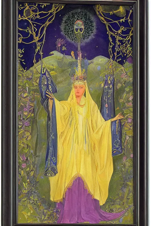 Image similar to queen of the night garden by Annie Swynnerton and Nicholas Roerich, strong dramatic cinematic lighting , ornate headdress , flowing robes, lost civilizations, smooth, sharp focus, extremely detailed