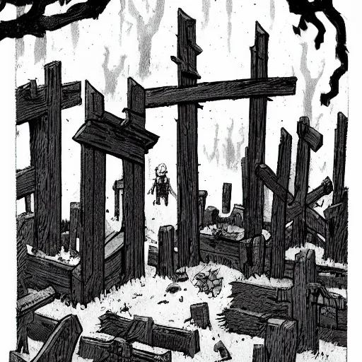 Image similar to A grave yard, with wooden graves. Faded Edges, Dark Fantasy, Film Noir, Black and White. High Contrast, Mike Mignola, D&D, OSR