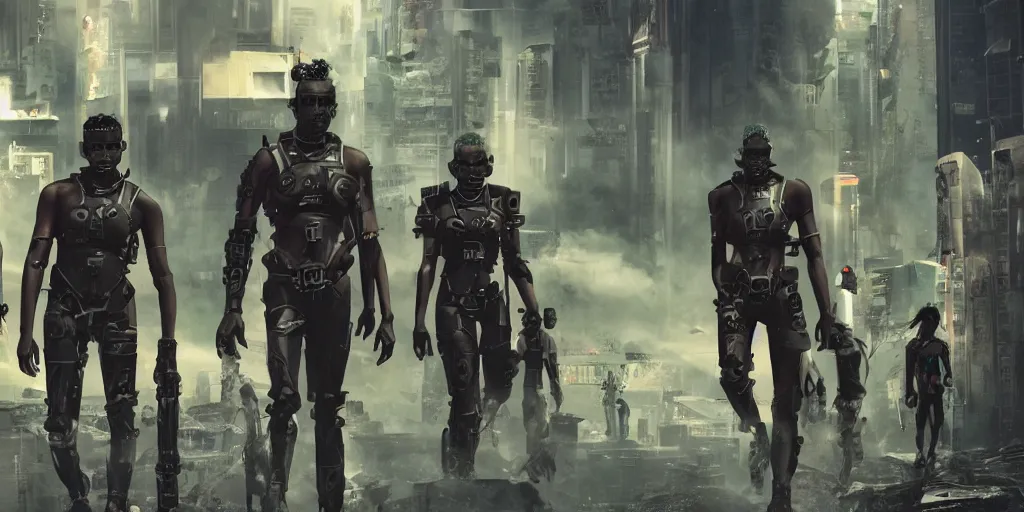 Image similar to sri lankan futuristic cyberpunk gang, film still, epic shot cinematography, rule of thirds, sci - fi tech style